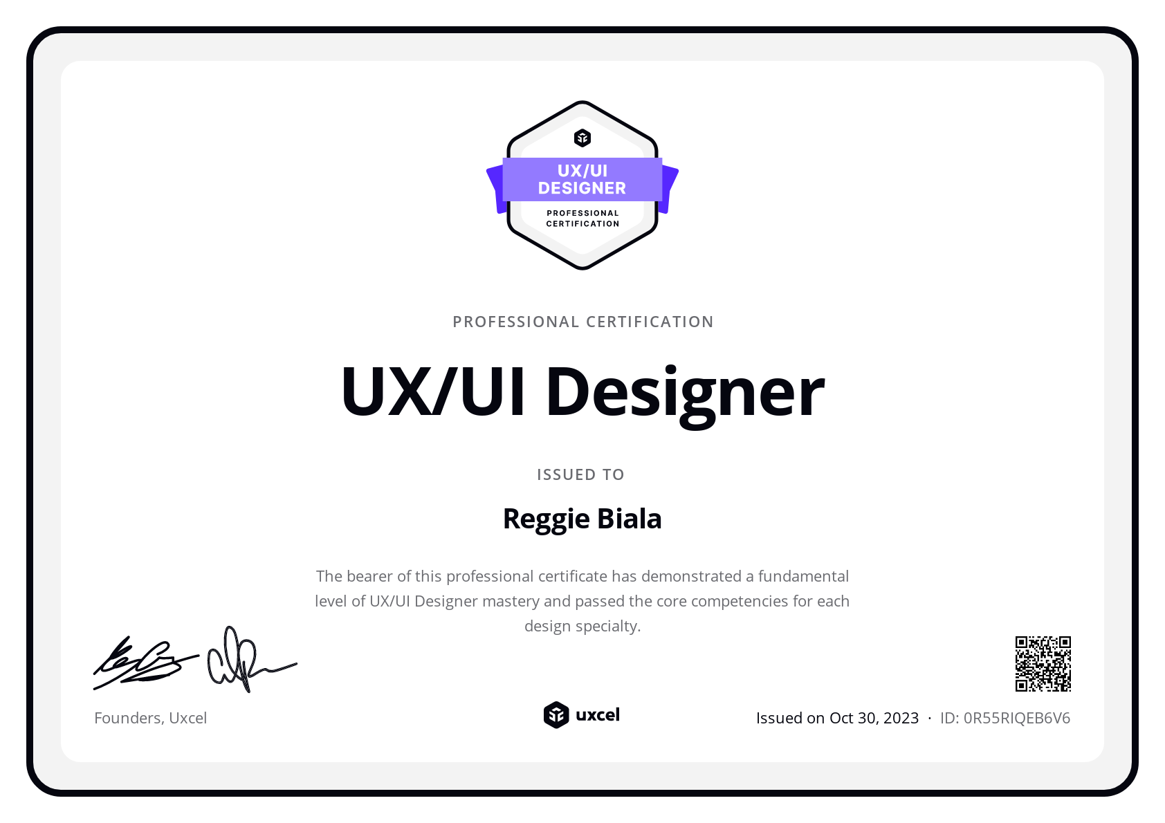 Reggie Biala's certificate